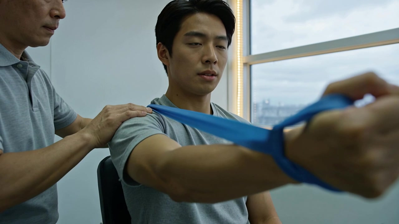 Uomo seduto che esegue un esercizio di estensione della spalla per riabilitazione, tenendo una fascia blu in clinica, con il terapista che lo guida