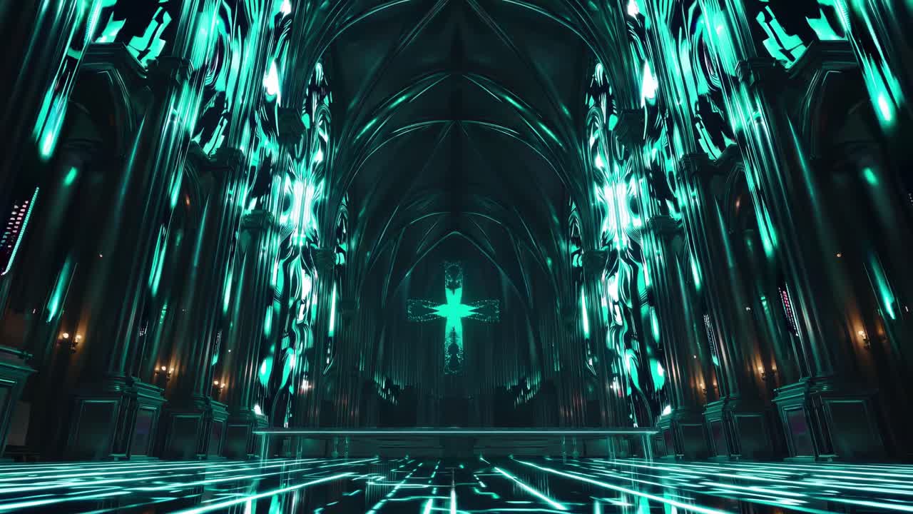 Interno di Chiesa Cyberpunk Futuristica e Luminosa
