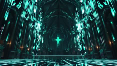 futuristic glowing cyberpunk church interior