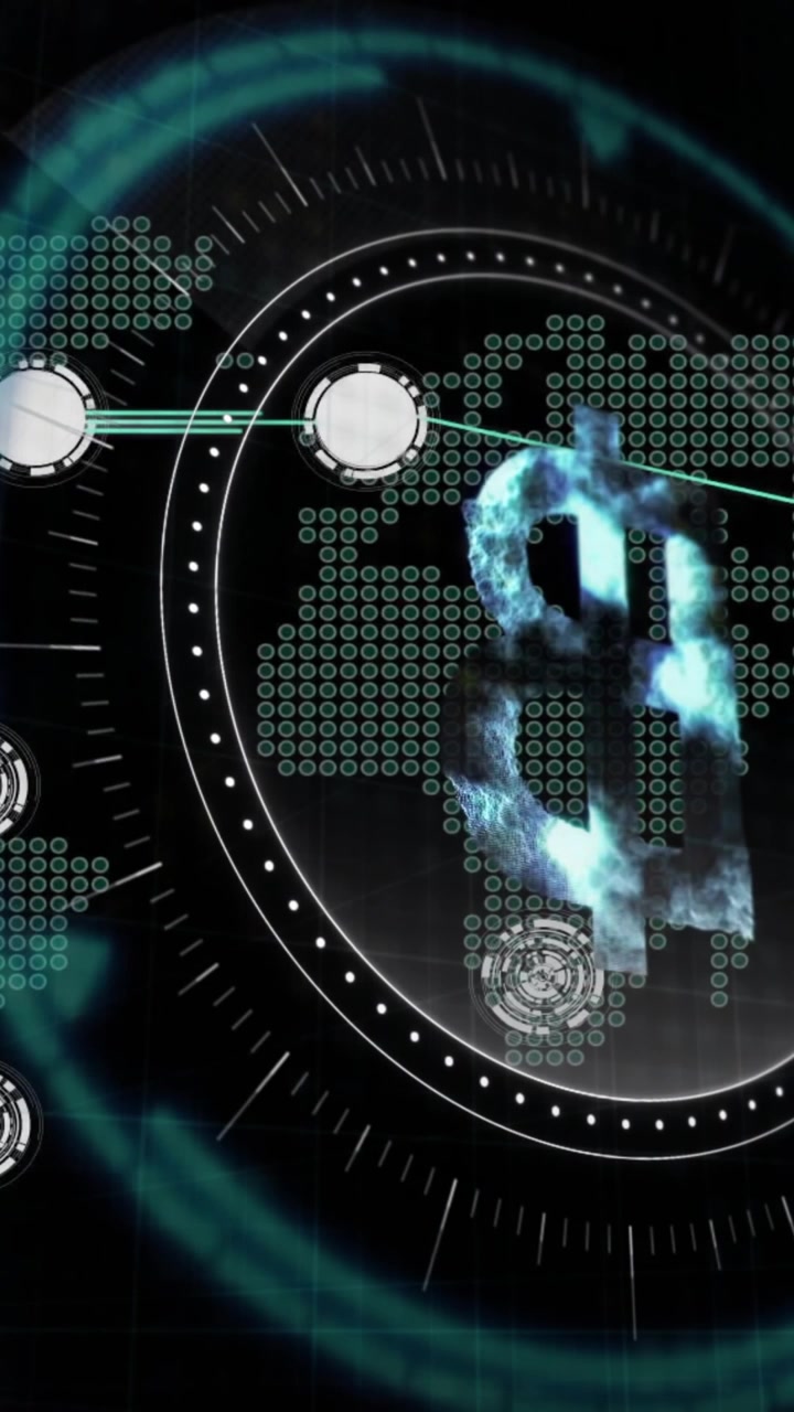 Símbolo do Bitcoin e animação de conexões de rede global sobre mapa-múndi