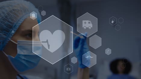 healthcare professional in mask and gloves with medical icons overlay animation
