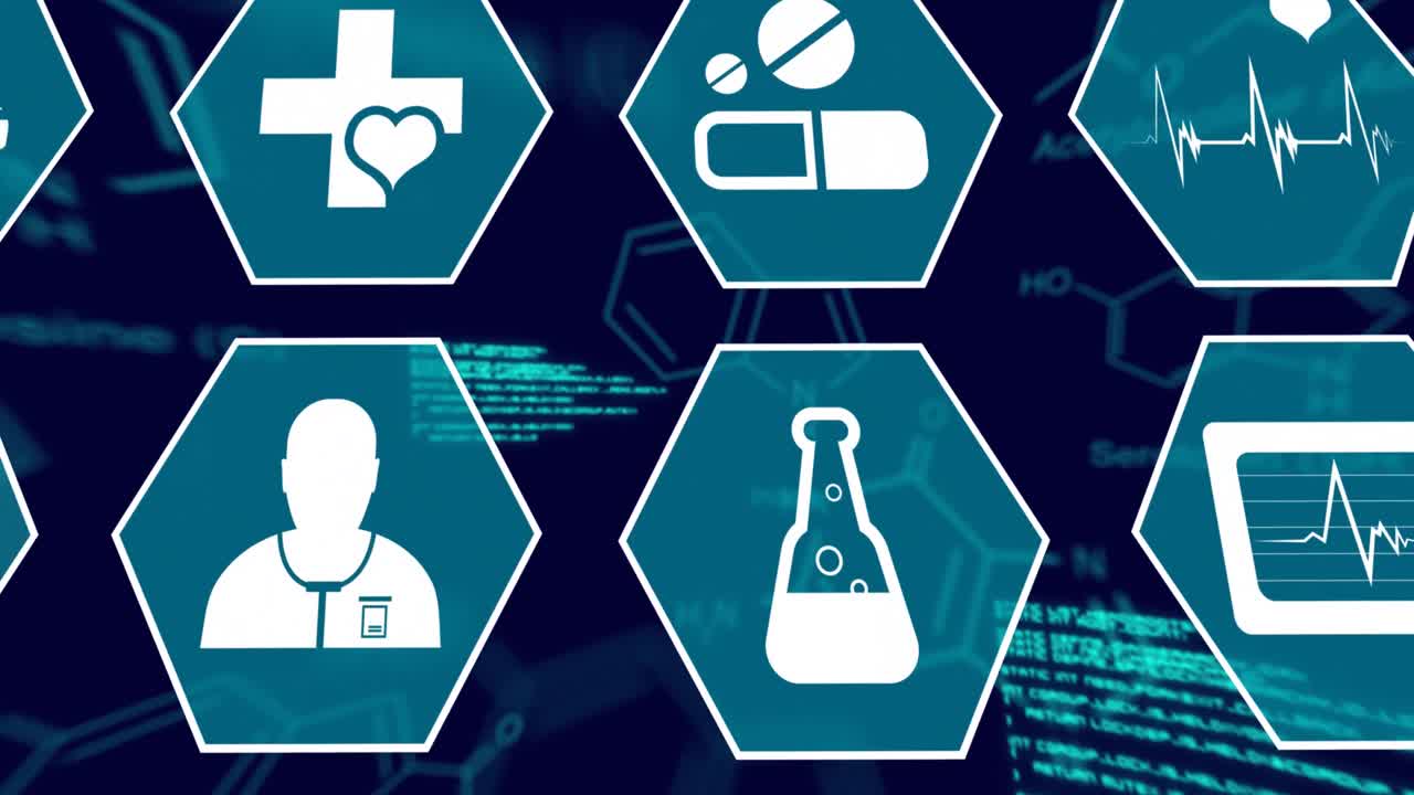 Animation of icons, computer language and molecule structures over abstract background