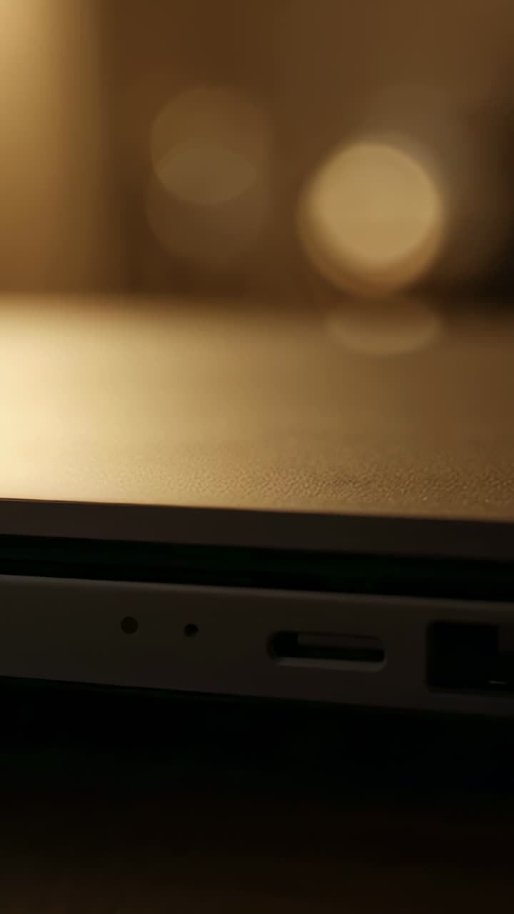 Vertical video: Handheld camera shifting focus, closed laptop edge showing ports for product demo