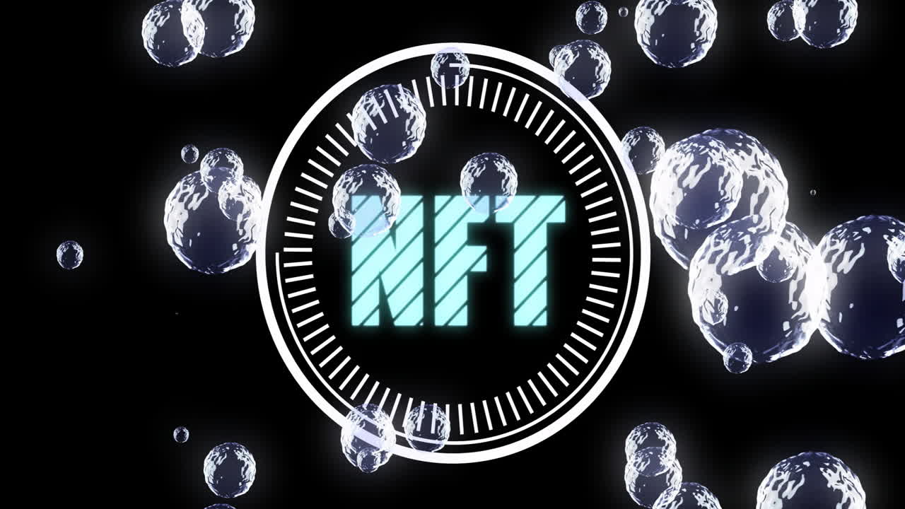 Animation with NFT text and digital bubbles on black background