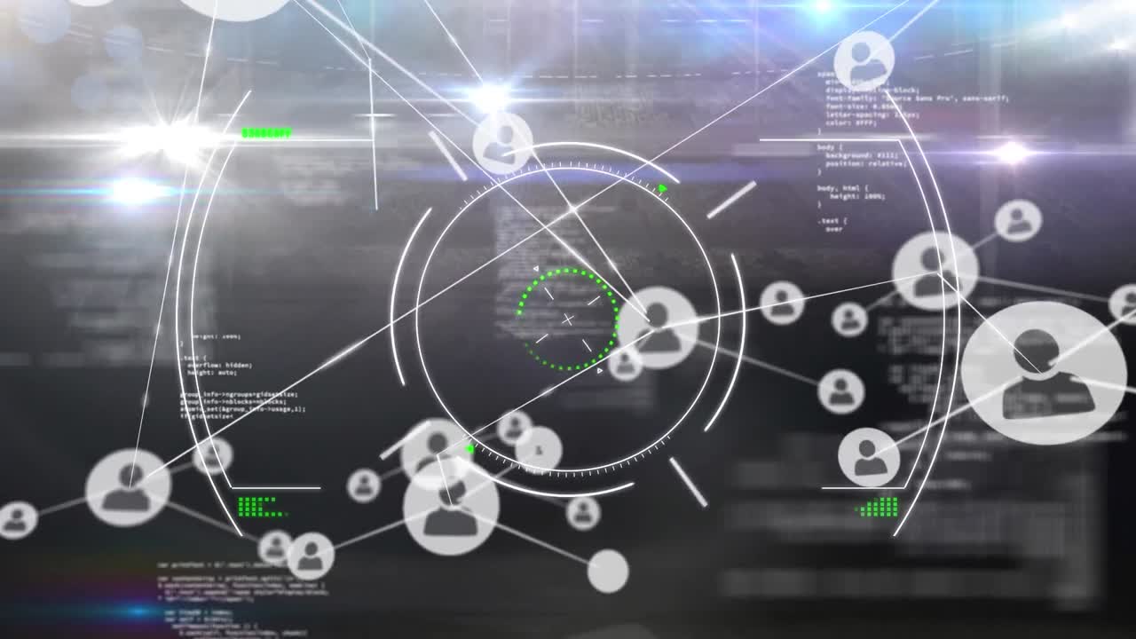 검은색 배경에 데이터 처리를 통해 사용자 아이콘의 연결 네트워크의 애니메이션