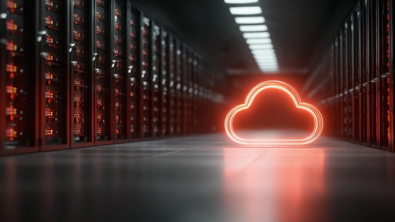 Un simbolo luminoso di cloud in una sala server che evidenzia l'archiviazione dei dati e la connettività digitale in un ambiente di infrastruttura moderna.