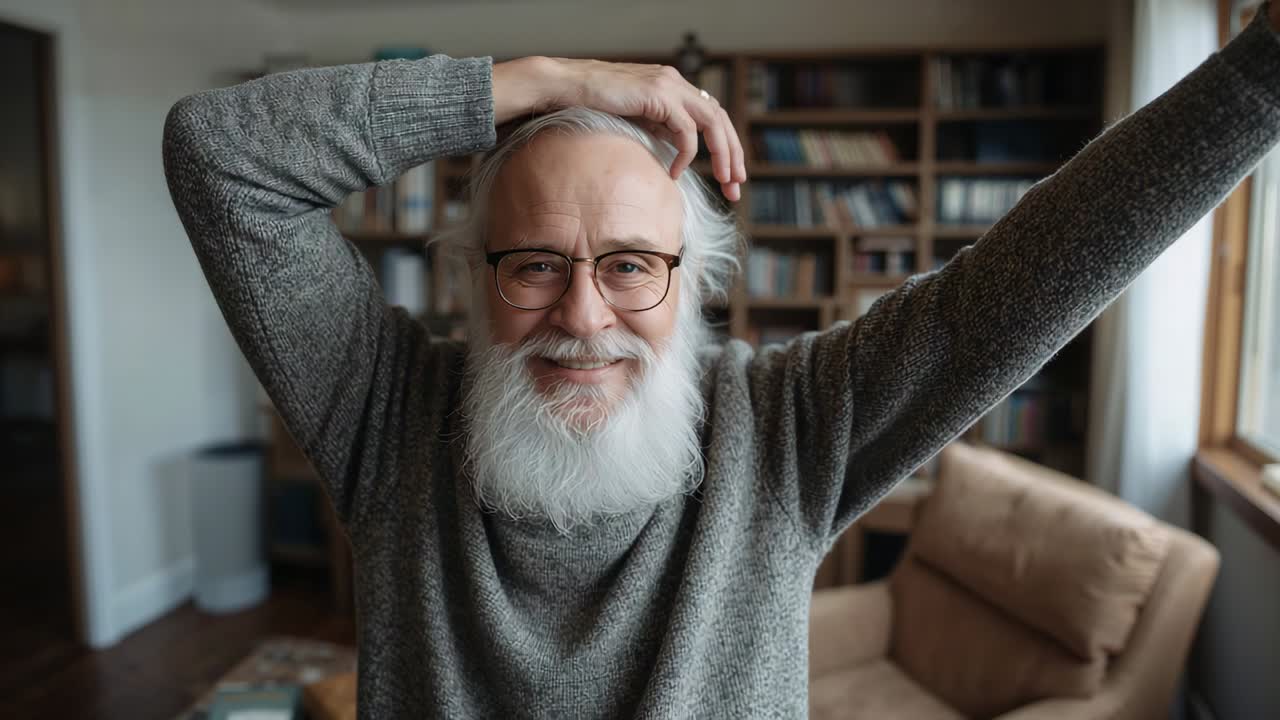 Smiling senior man wearing glasses grey sweater raising arms and adjusting hair in study, bookshelf