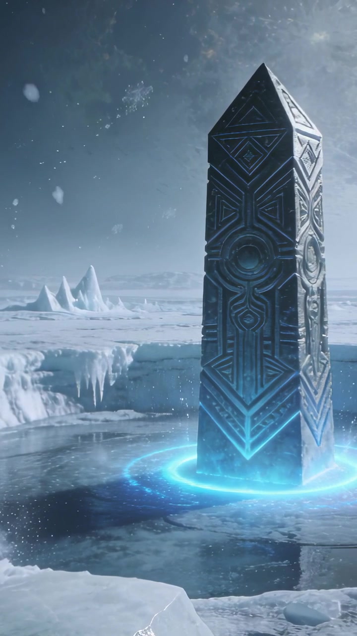 Vertical video: Reacting to surge, carved pillar emitting blue ring on ice basin, glyphs glowing