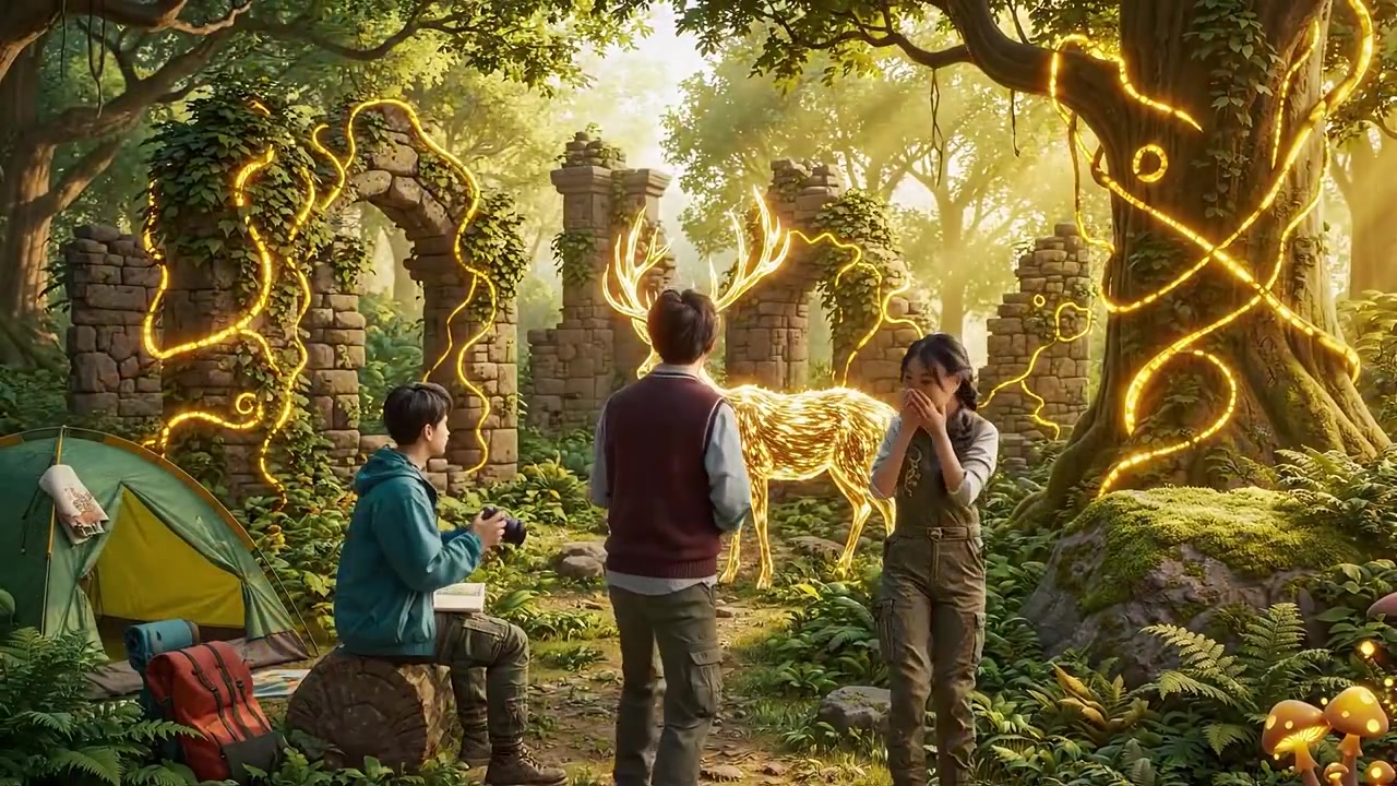 Unge eventyrere fanger naturens magi mens de er vitne til en majestetisk hjort omgitt av fortryllende lys i en frodig skog med en campingstemning