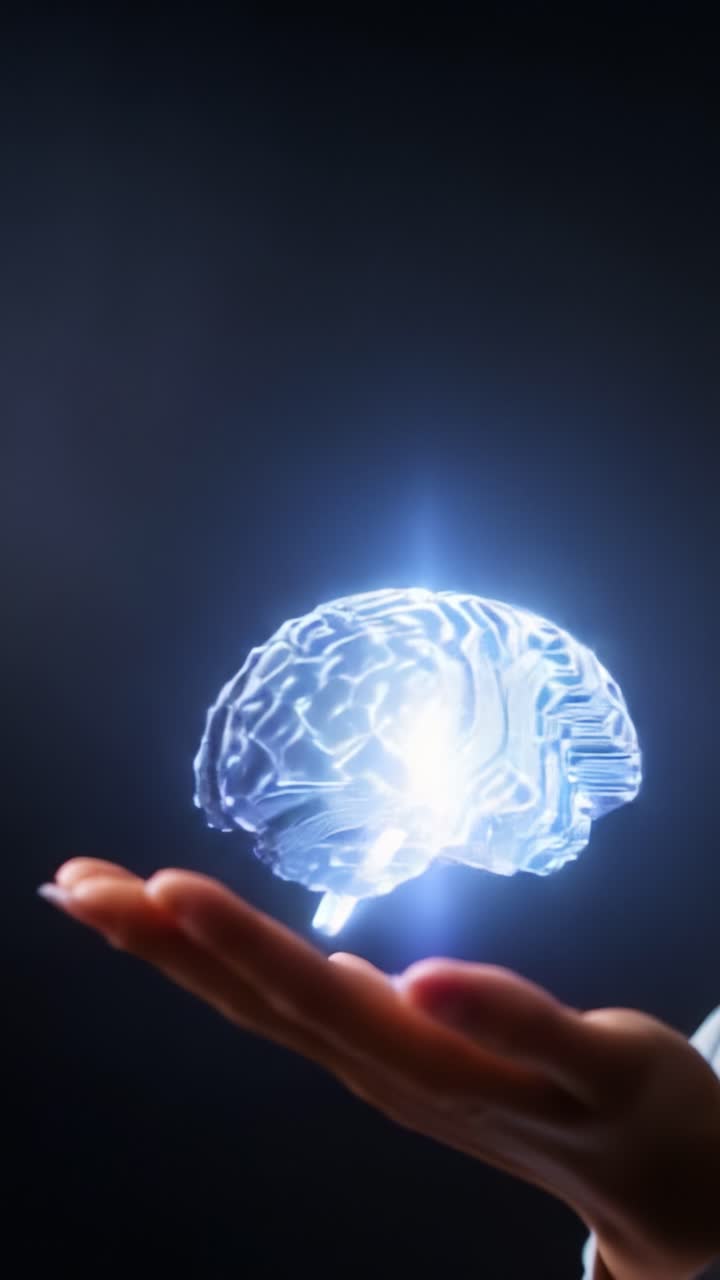 Illuminare il futuro: una mano che sorregge un cervello luminoso che rappresenta l'intelligenza artificiale e la tecnologia avanzata in un'era moderna