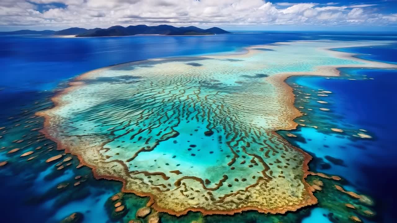 Vista aérea de um vibrante recife de coral em águas turquesa, mostrando a beleza natural