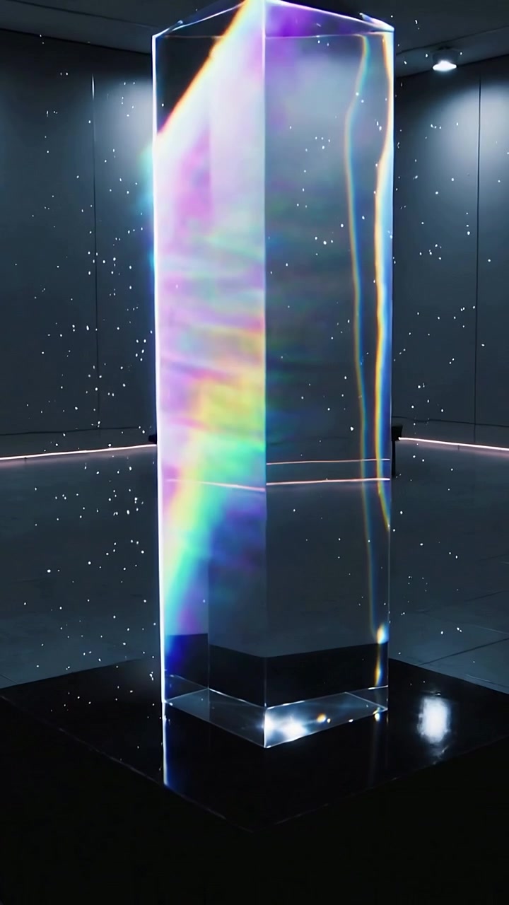Vertical video: Spot striking faceted prism casting evolving rainbow band in dim room, pedestal