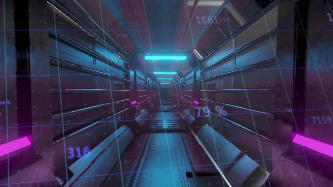 Grid overlay appearing triggers camera gliding through metallic corridor with data showing status