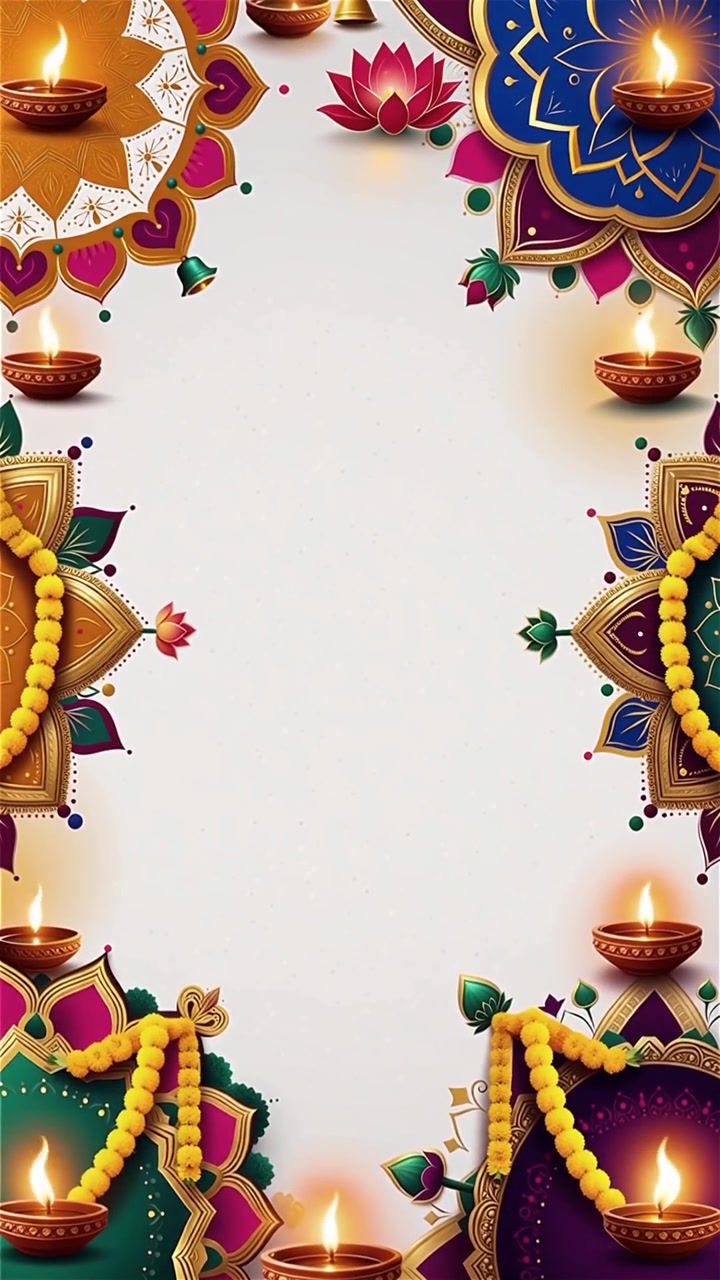 Sfondo Diwali con Diyas luminosi, Rangoli e fiori di loto