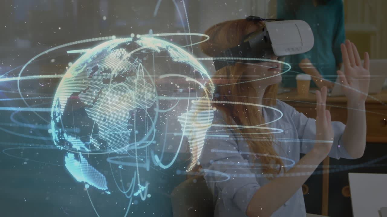 animación de la red de conexiones sobre la mujer que usa auriculares vr