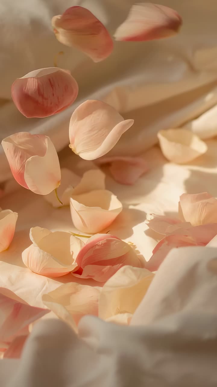 Vertical video: Scattering hand entering top-right, releasing pale pink petals onto bed sheet