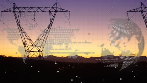 Animation-of-data-processing,-world-map-and-globe-over-electricity-pylons