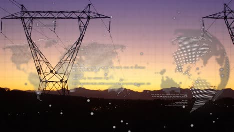 animación del procesamiento de datos, mapa del mundo y globo sobre las torres eléctricas