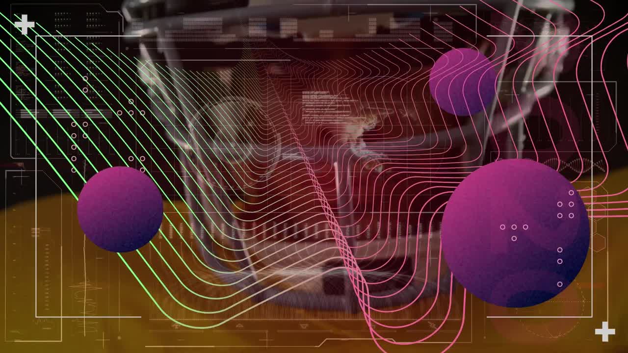 animación de esferas púrpuras y onda digital en primer plano de un jugador de rugby afroamericano