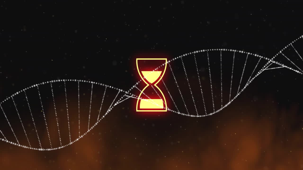 Animazione di filamento di DNA, icona di clessidra ed elaborazione dati