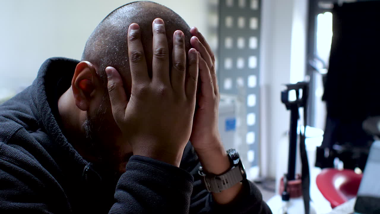 un hombre se sienta con la cabeza acunada en las manos, su expresión llena del peso de las cargas, capturando vívidamente la tensión palpable de la tensión y la ansiedad