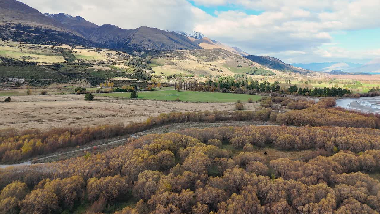 Drone glides above braided river, autumn trees, and mountains under soft daylight in Glenorchy valley