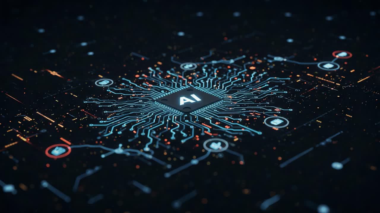 An Intricate Visualization of Artificial Intelligence with a Central Hub and Radiating Connections, Highlighting the Integration of Advanced Technology in Modern Systems