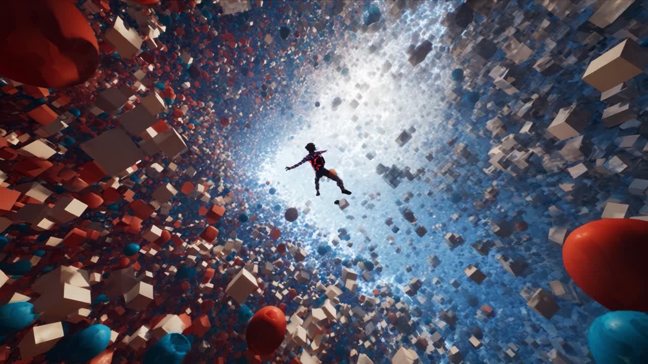 A surreal journey through an abstract dimension filled with floating geometric shapes and vibrant colors, showcasing a figure gracefully suspended amidst this mesmerizing scenery