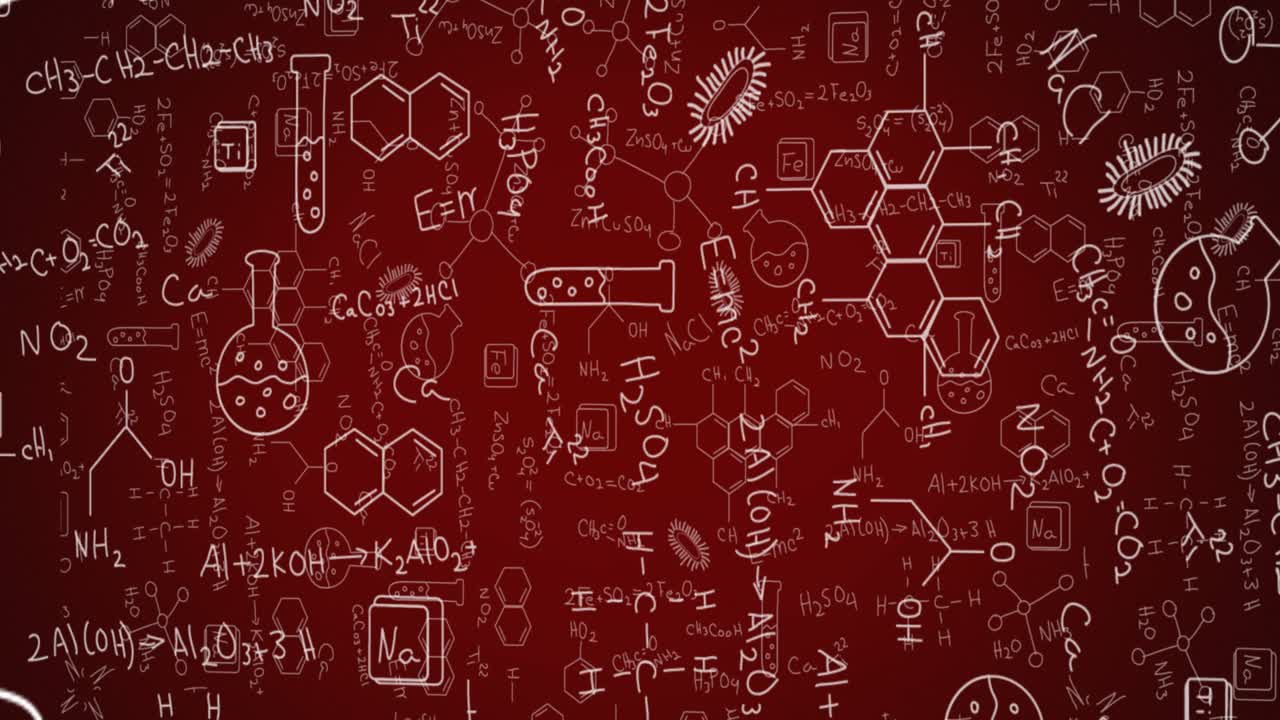 Animation of molecule structures, formula, beakers and microorganisms over red background