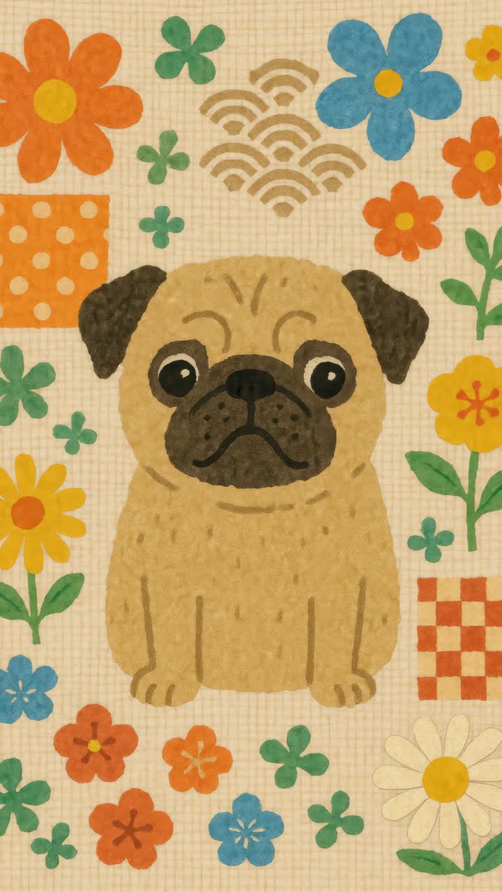 Whimsical illustration of a pug surrounded by colorful flowers, viewed from a top-down angle