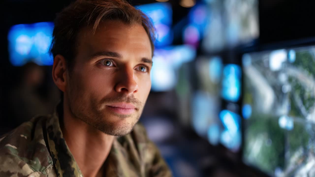 A focused military operative carefully examines multiple screens while engaged in high-stakes surveillance and analysis, showcasing the tension and responsibility of modern defense operations
