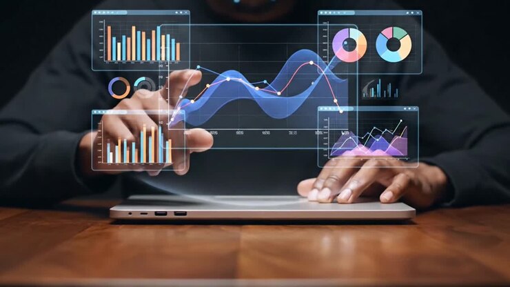 Analyst Interacting with a Futuristic Holographic Business Data Dashboard