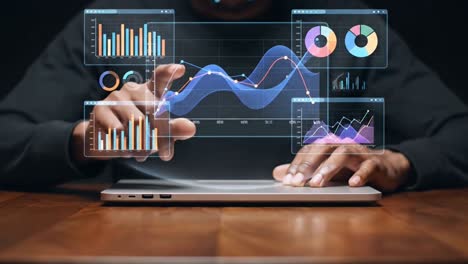 analyst interacting with a futuristic holographic business data dashboard
