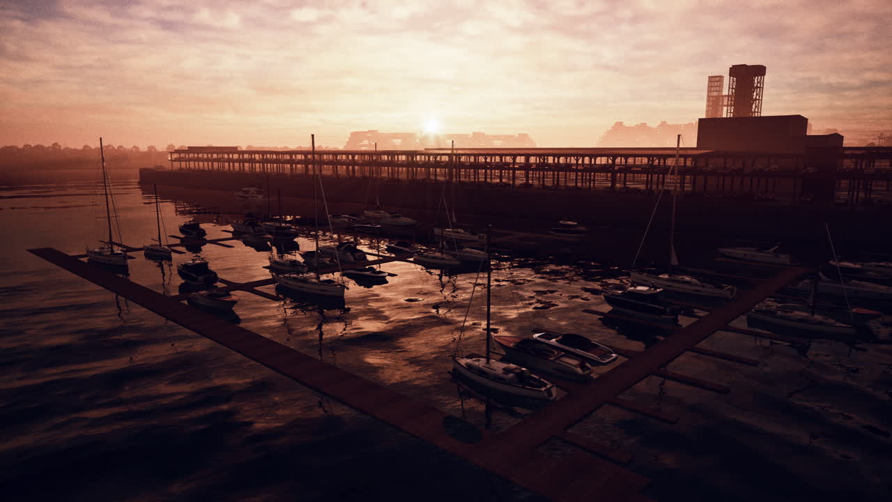 배경 에 공장 이 있는 마리나 위 의 해 가 지는 것