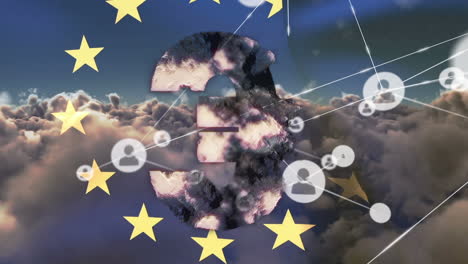 Animación-De-Conexiones,-Globo-Terráqueo-Y-Bandera-De-La-UE-Sobre-Las-Nubes