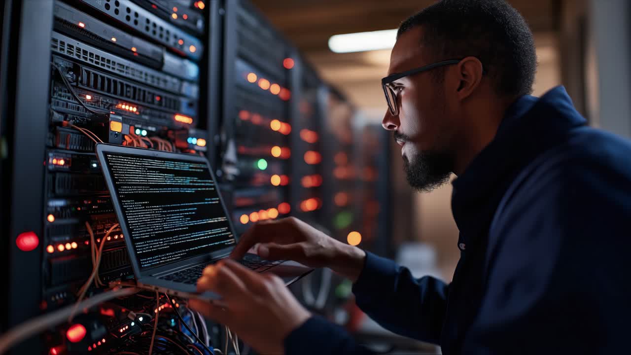 Technician in a dimly lit server room