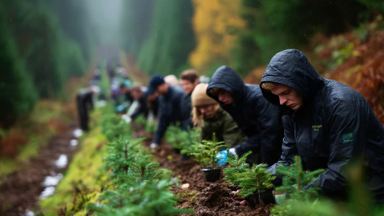 Dedicated individuals engage in a community reforestation effort, planting young trees in a lush, green forest environment, showcasing teamwork and commitment to environmental sustainability and restoration