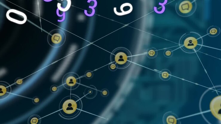 Animation of network of connections with icons over numbers and scope scanning