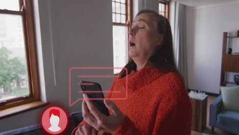 animación de icono con procesamiento de datos sobre mujer caucásica estornudando usando teléfono inteligente