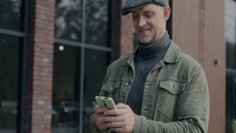 man using smartphone outdoors near a building