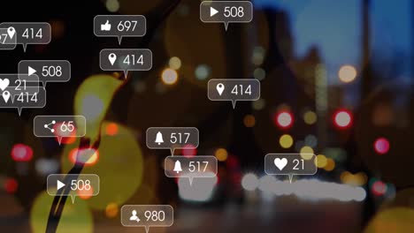 Animation-of-notification-labels-over-blurred-vehicles-moving-on-street-in-city