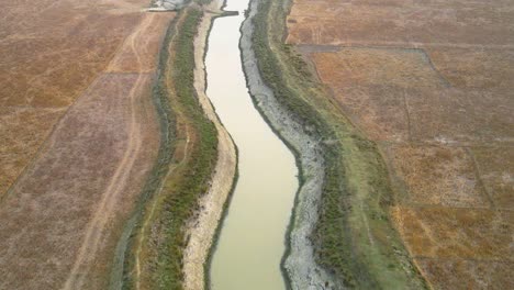 aerial drone footage captures controlled river in desert country