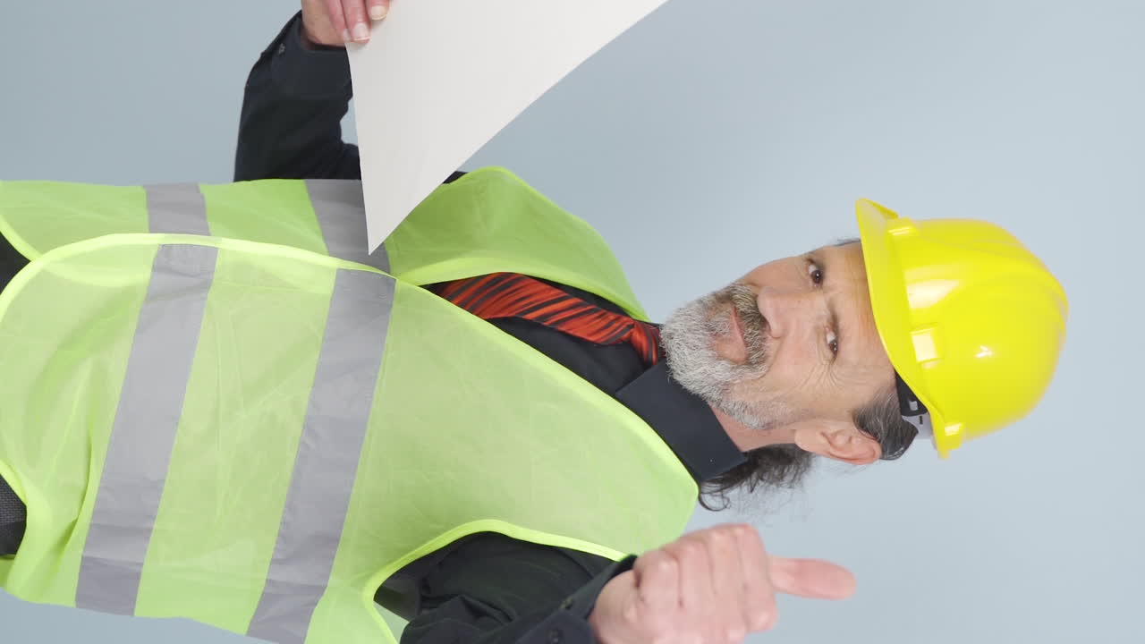 vídeo vertical del viejo ingeniero mirando a la cámara y haciendo un gesto positivo.