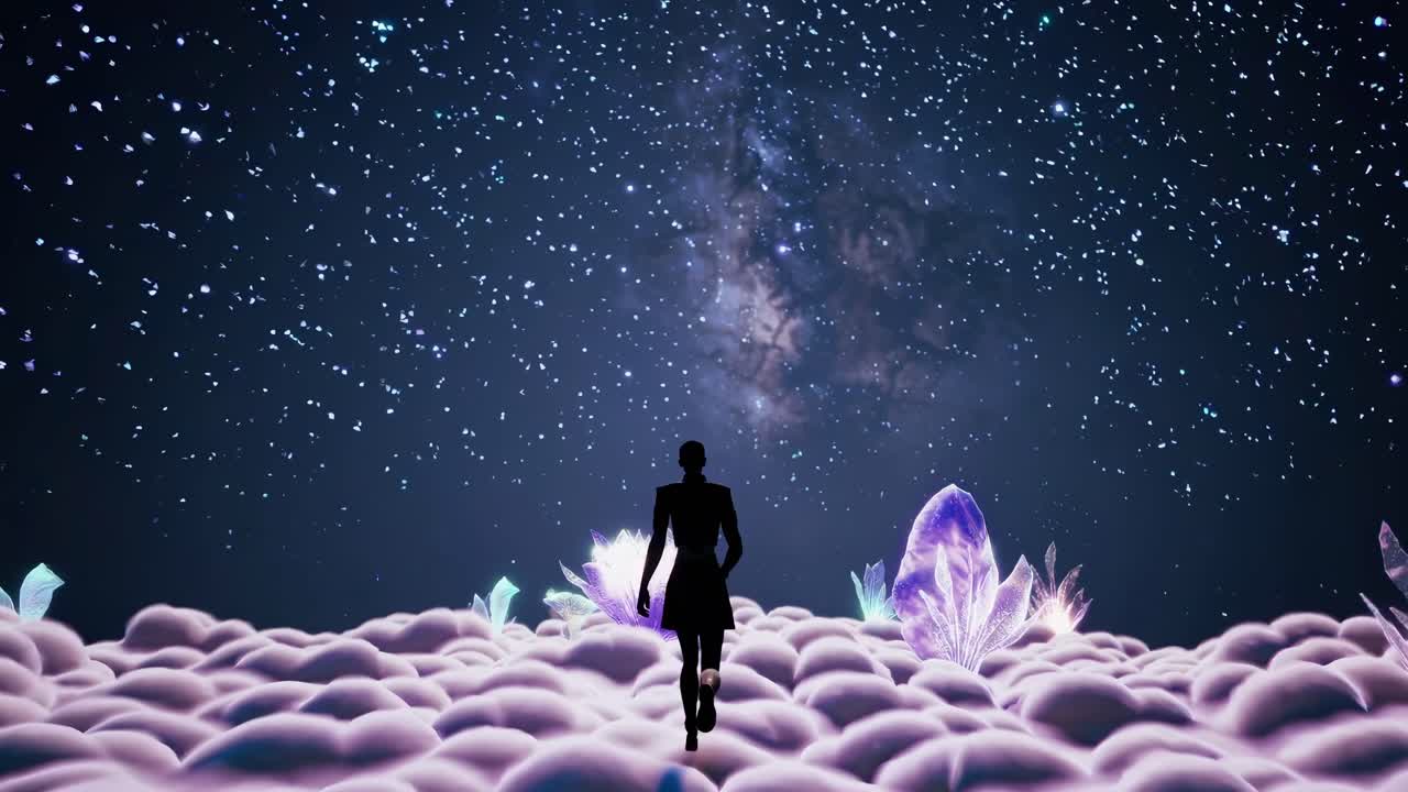 A surreal video concept with a silhouette walking on clouds under a starry sky