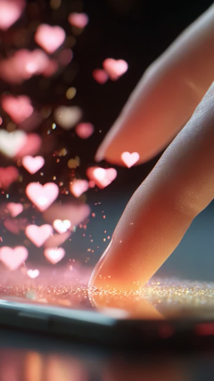 A Captivating Touch: The Enchantment of Digital Connection Through the Gentle Caress of a Finger on a Screen, Sparking Instantaneous Love and Joy with Floating Heart Particles