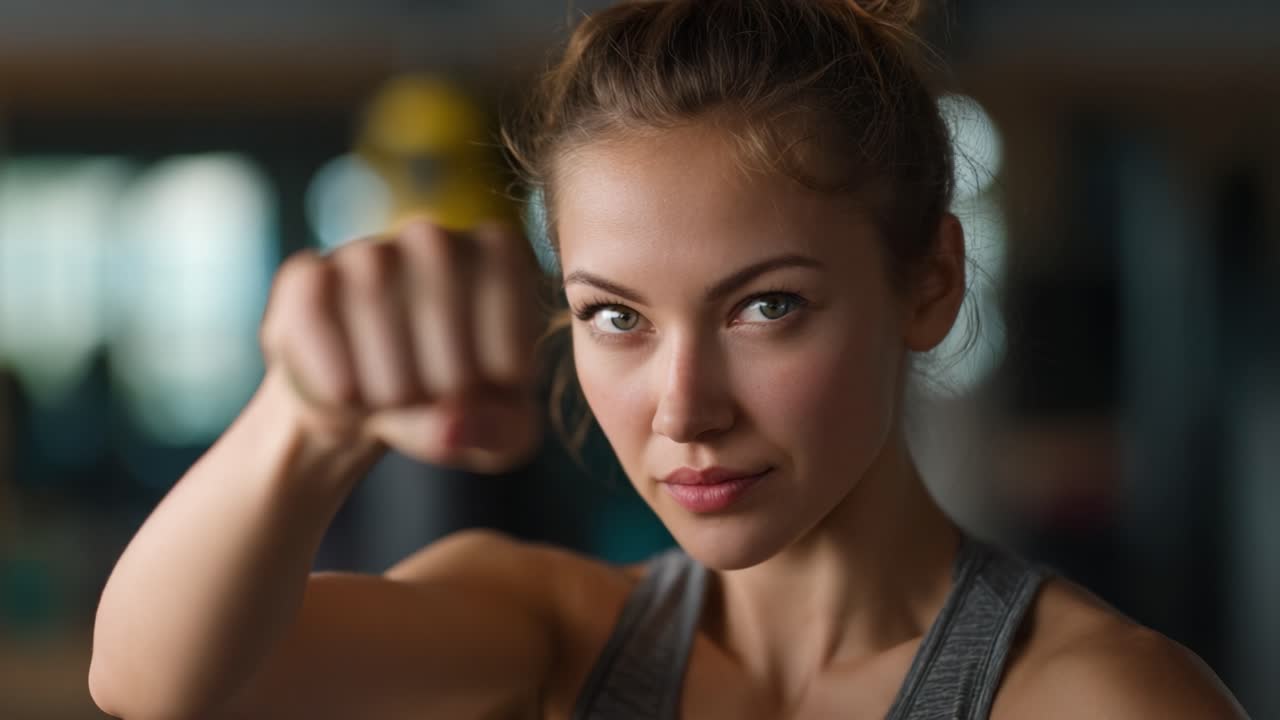 Combattente donna determinata che dimostra forza e decisione con un pugno in una palestra, mettendo in mostra resilienza e concentrazione nell'allenamento di combattimento