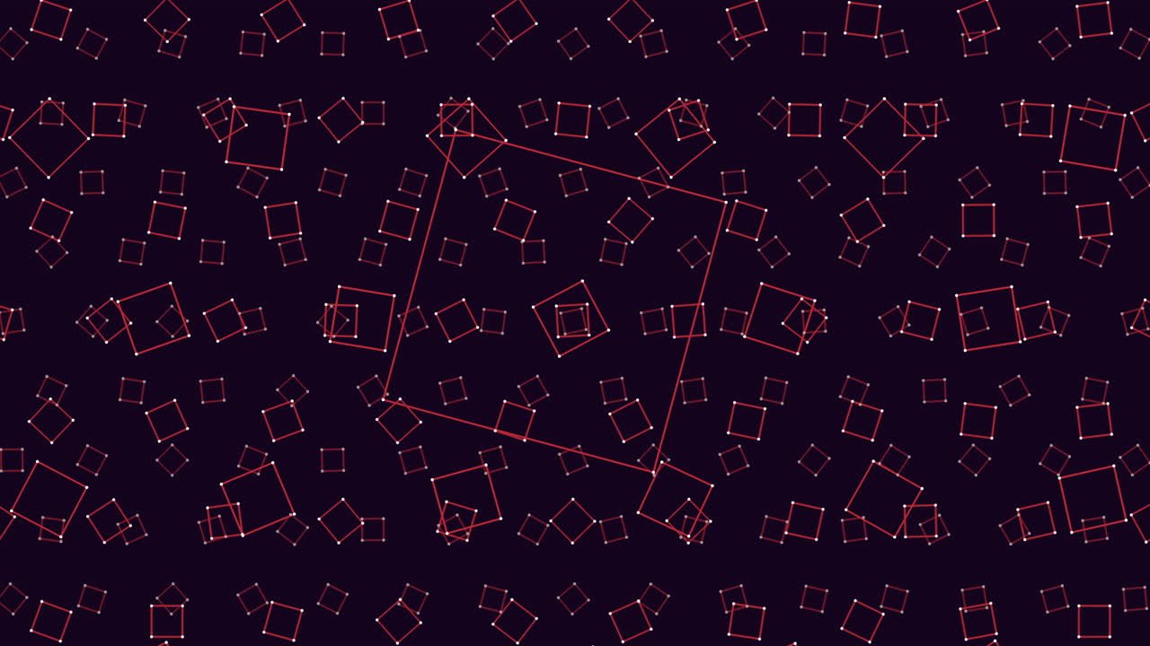 Dynamic abstract footage of rotating red squares connected by lines on a dark background, forming a geometric network pattern ideal for tech, science, data or futuristic themed video projects