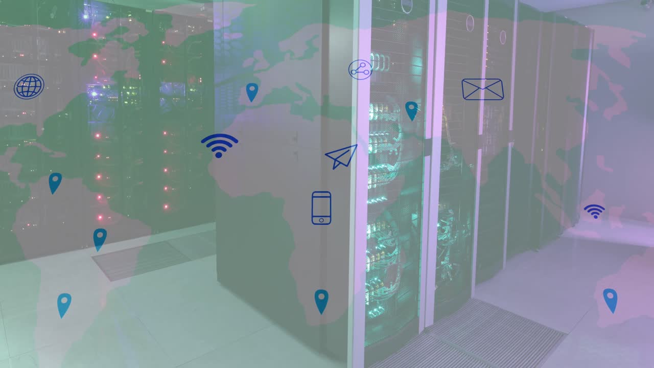 animación de mapas del mundo e iconos tecnológicos en los servidores
