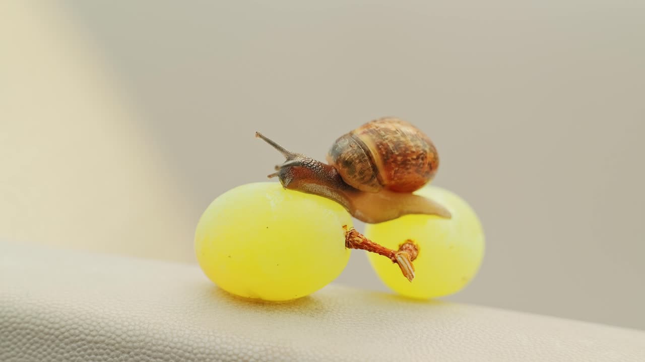 Snail relaxes on two grapes in calm slow motion – macro springtime still life