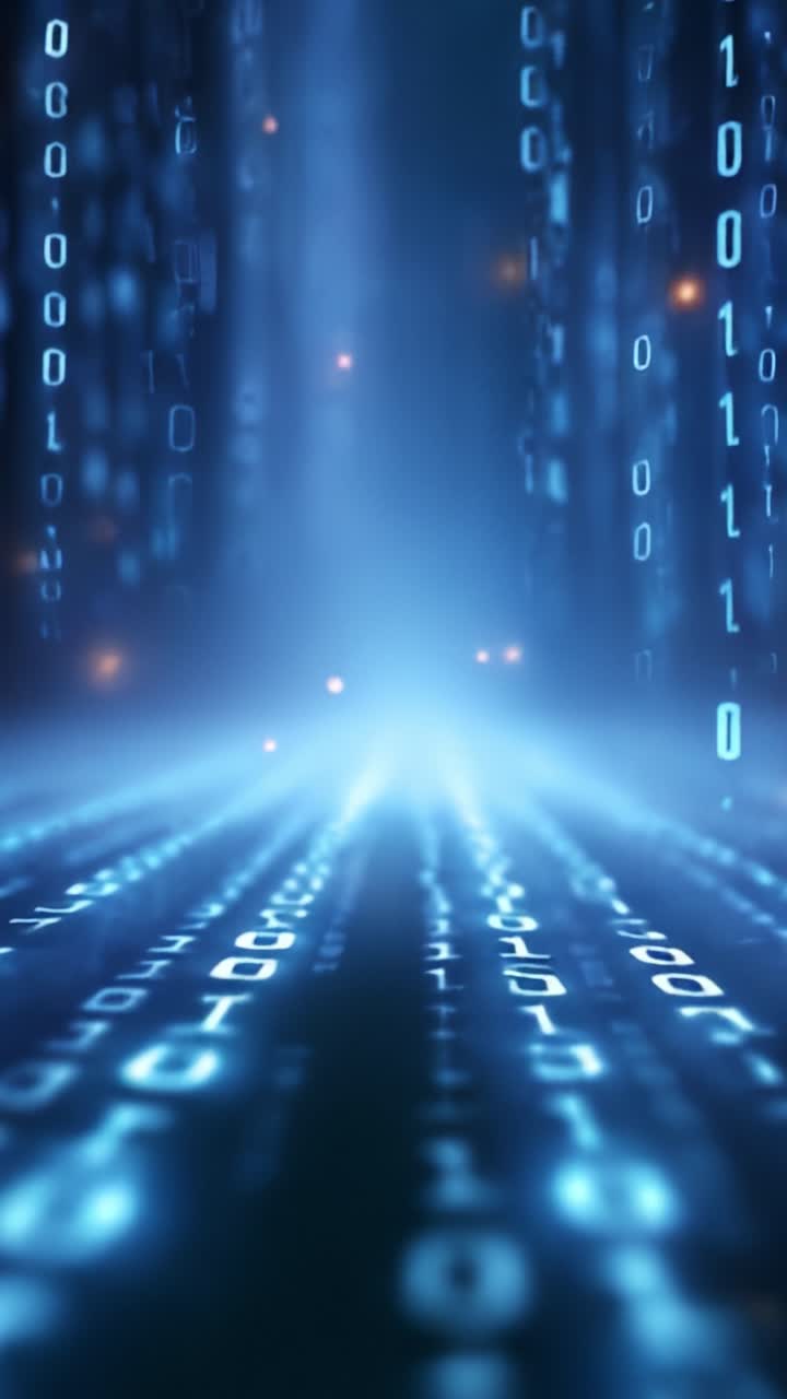 Sfondo digitale astratto con codice binario luminoso e fasci di luce che creano un'atmosfera futuristica e tecnologica in un'esperienza di spazio virtuale